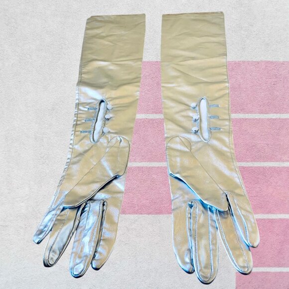 Vintage Silver Opera Gloves Metallic Long Formal Prom Evening Wearn 23" Long - Picture 5 of 13
